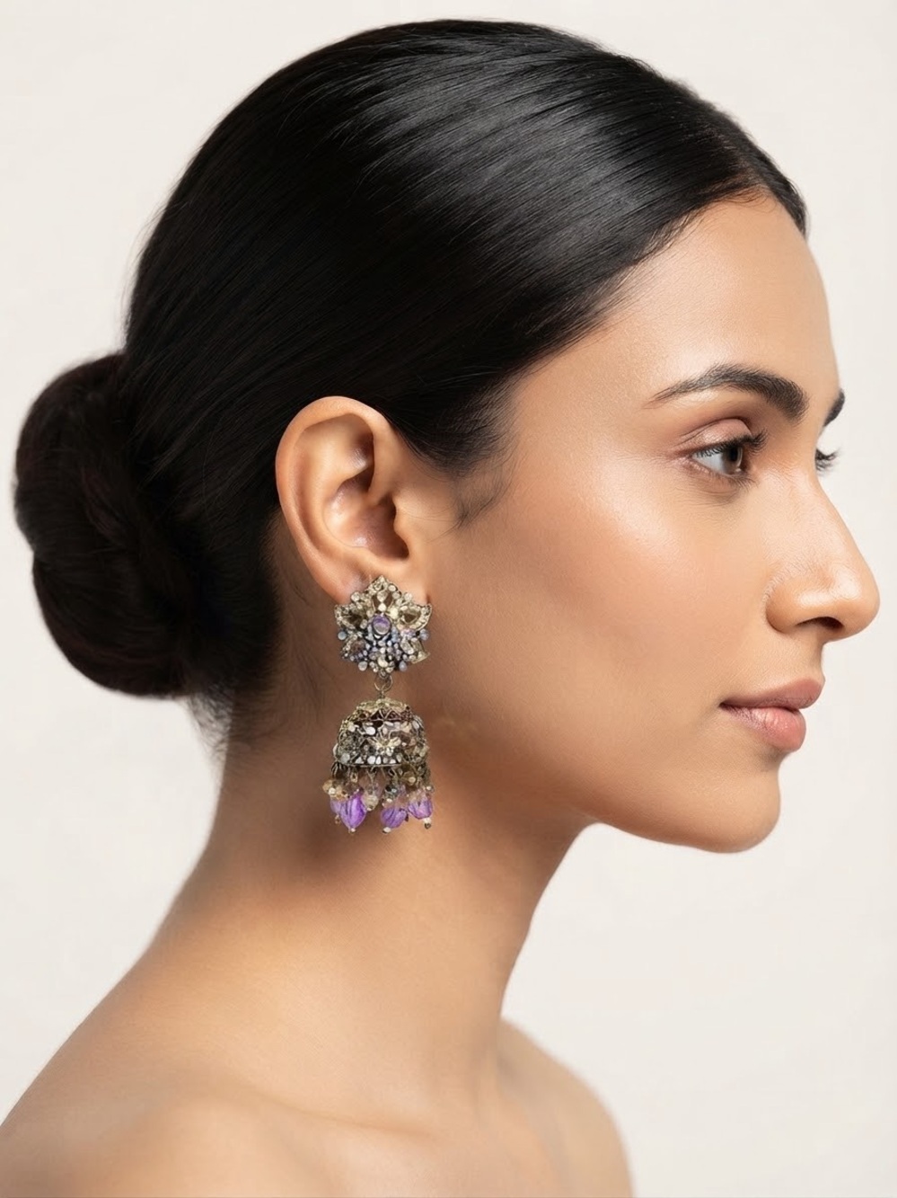 Statement Gold-Tone Jhumka Earrings with Purple Accents only for 30$
